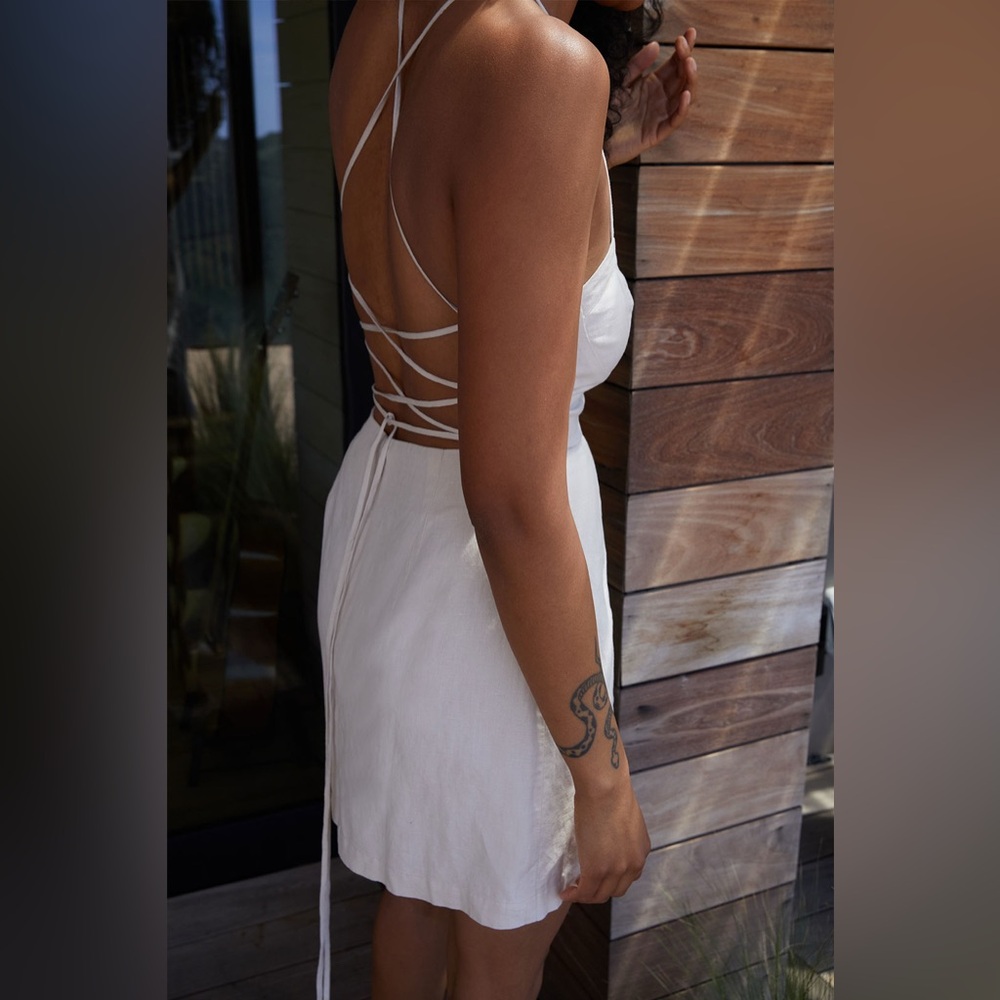 BNWT | Oak + Fort | Linen Blend Open Back Mini Dress | Birch | Size 8 - Picture 4 of 11